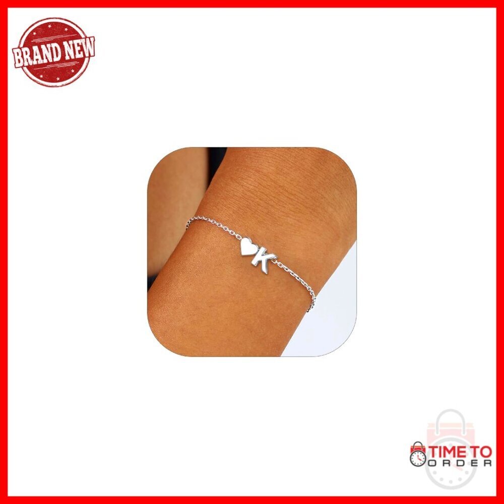 Sterling Silver Heart Initial Bracelet, Hypoallergenic, Dainty, 8.3 Inch